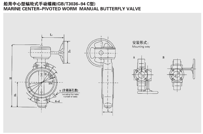 GB3036-94C 船用中心型涡轮式手动蝶阀(图1)